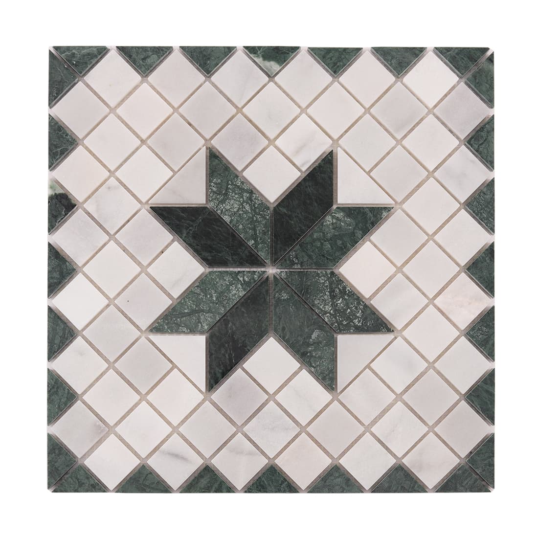 Full view of green marble and Carrara white star pattern mosaic tile