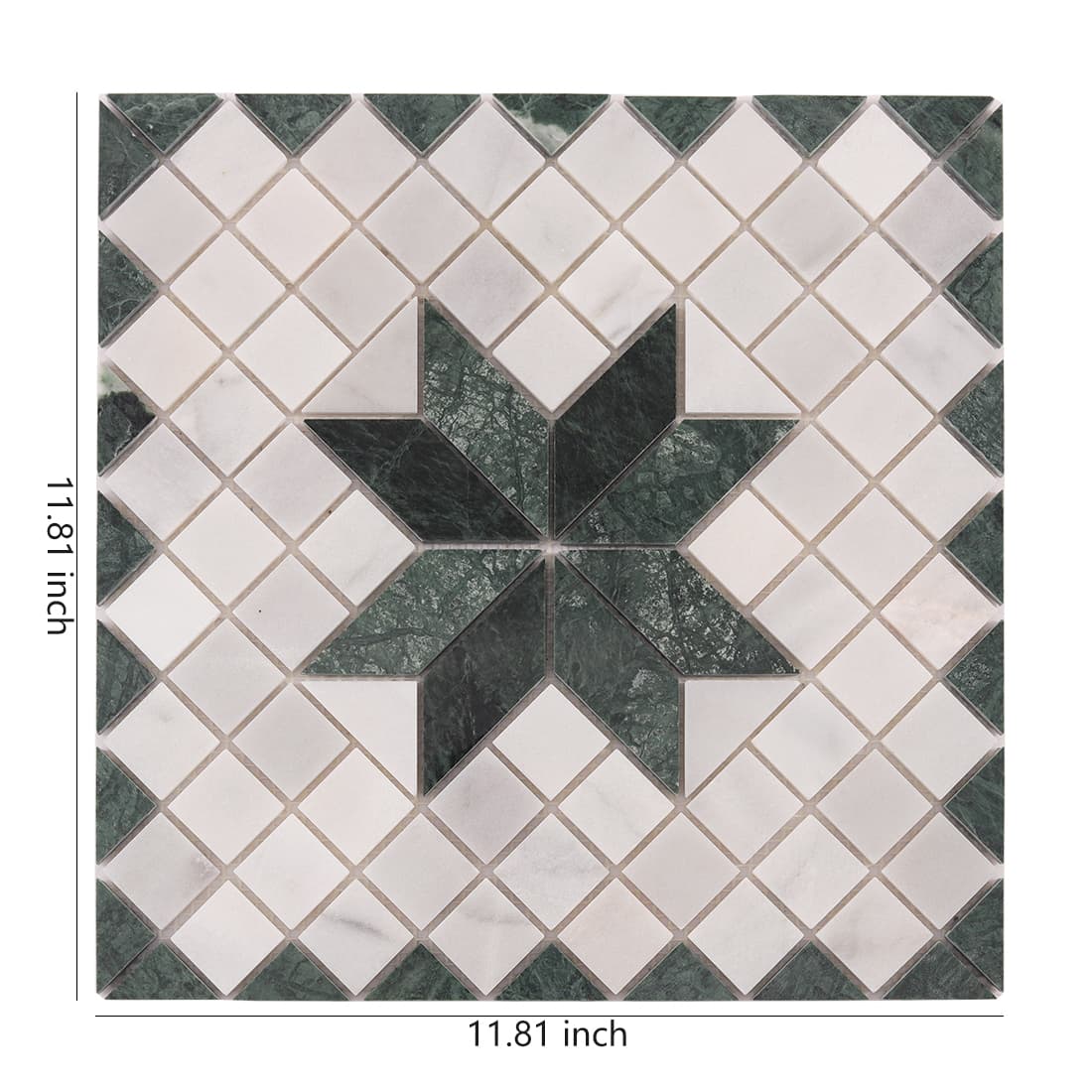 Green marble and Carrara white star pattern mosaic tile sheet with geometric design