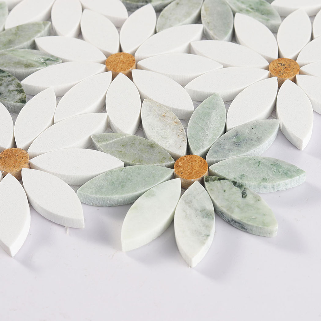 Detailed view of green daisy marble mosaic petals with white flowers and gold centers