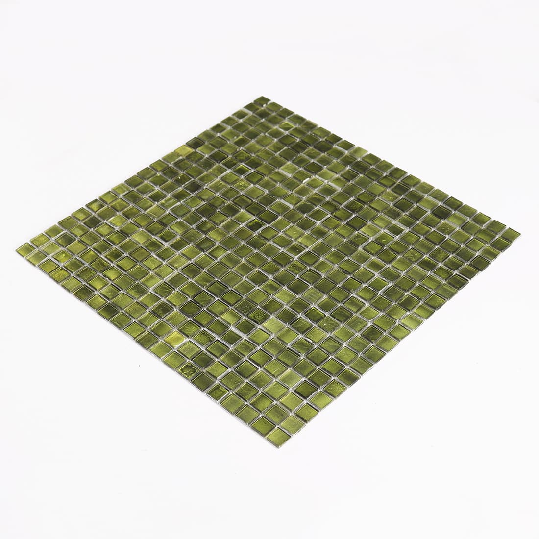 Angled perspective view of full green glass mosaic tile sheet showing the complete grid