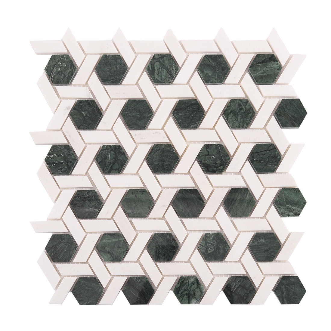 Full sheet of green hexagon weaved marble mosaic tile on mesh backing