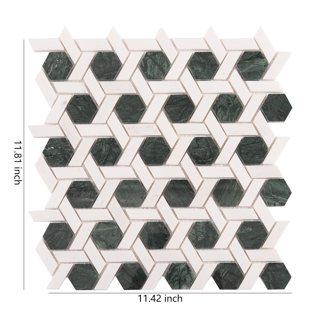 Green hexagon weaved marble mosaic sheet with 11.81 x 11.42 inch size guide