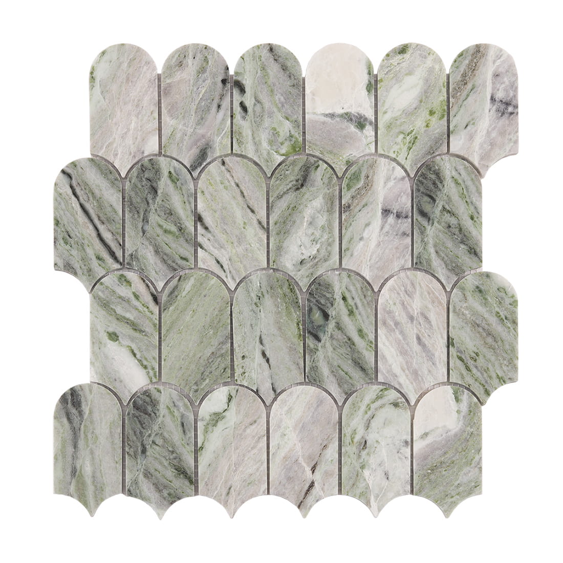 Full sheet of green marble arch picket mosaic tile pattern