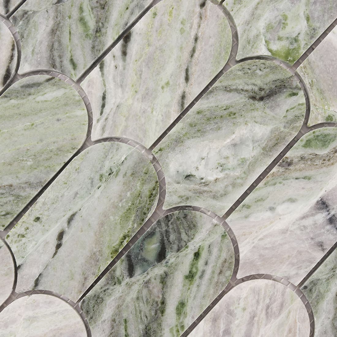 Top view detail of green marble arch picket mosaic tile pattern