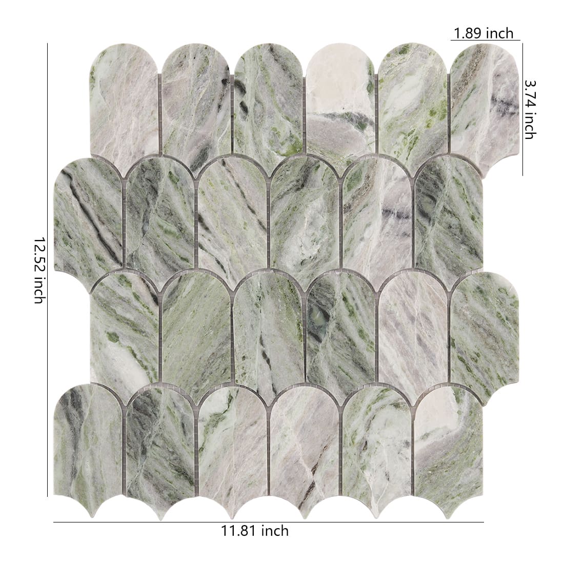 Green marble arch picket mosaic tile sheet with size dimensions shown