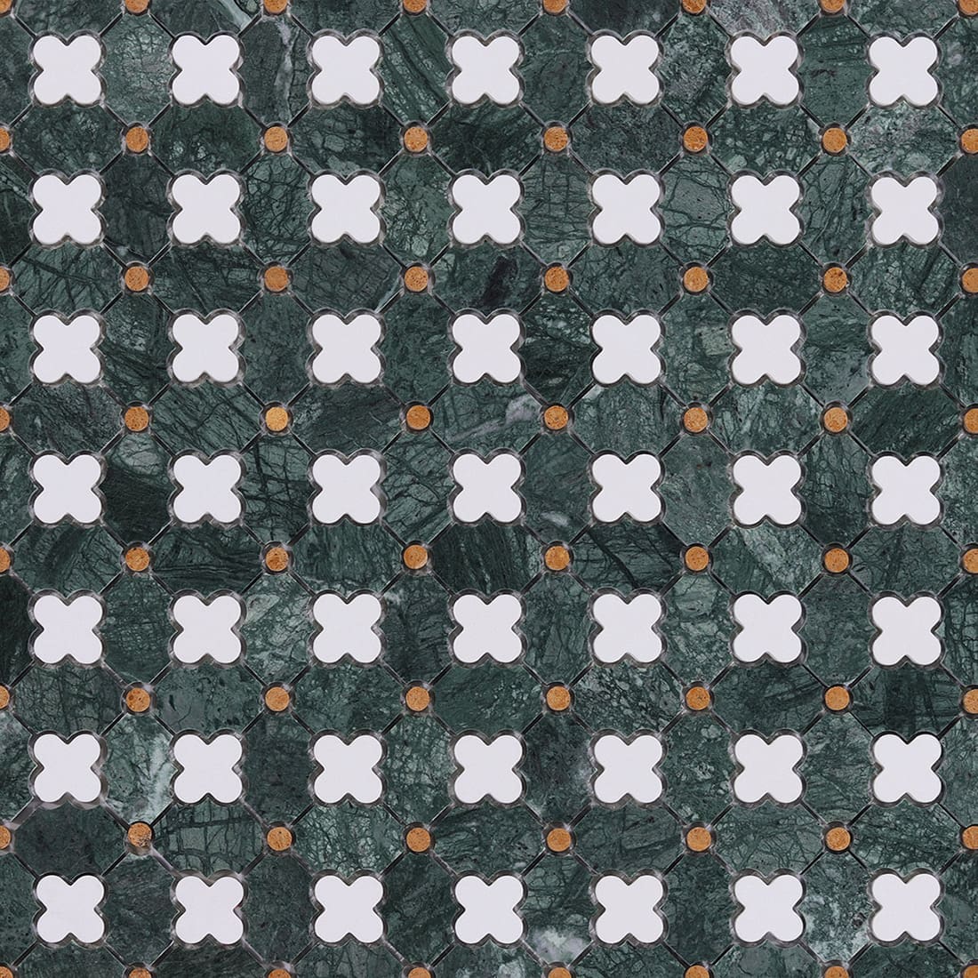 Full layout of green marble clover mosaic pattern with white shapes and gold dots