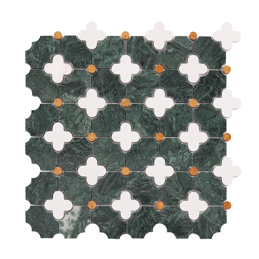 Top view of green marble clover mosaic tile sheet with white inserts and gold dots