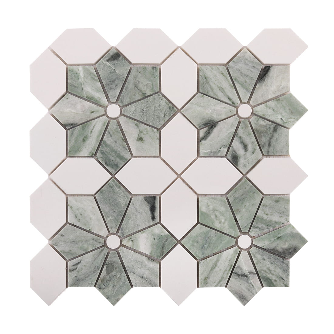 Front view of green marble flower mosaic with white octagon tiles