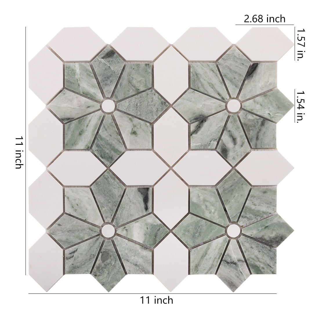Green marble flower mosaic tile sheet with size and piece measurements