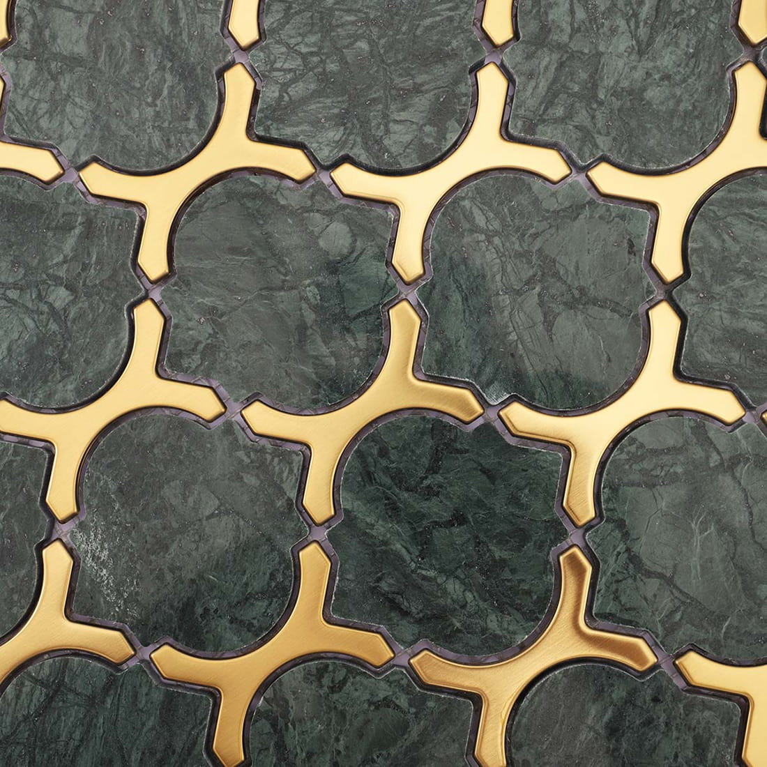 Detailed green marble arabesque mosaic with gold stainless steel lines