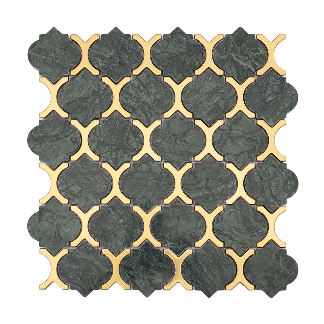 Full sheet green marble lantern mosaic with gold metal accents