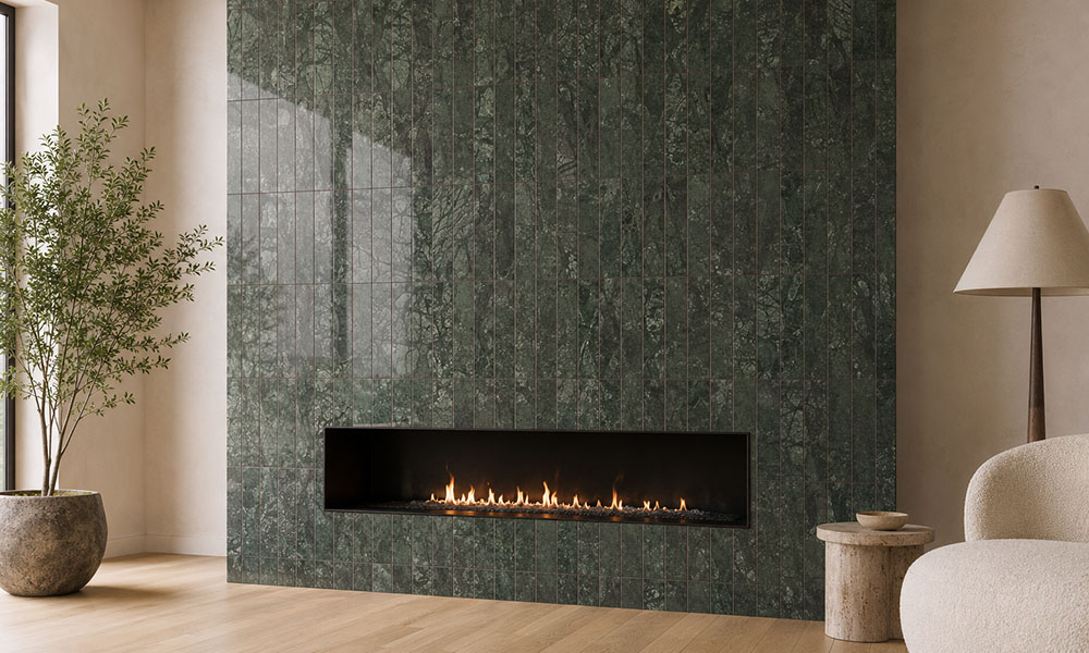 Green marble vertical tile fireplace with a linear firebox in a modern living room