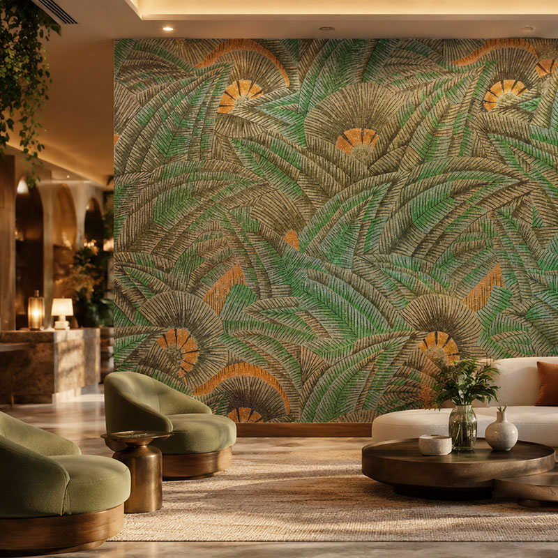 Green palm mosaic mural decorative wall tiles for a modern lounge wall