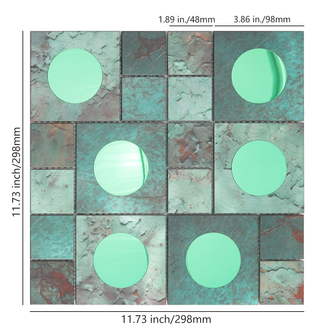 Green round mirror inserts on textured square aluminum mosaic tile sheet