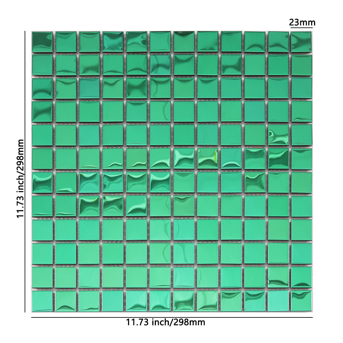 Green square stainless steel mosaic tile sheet with glossy reflective surface