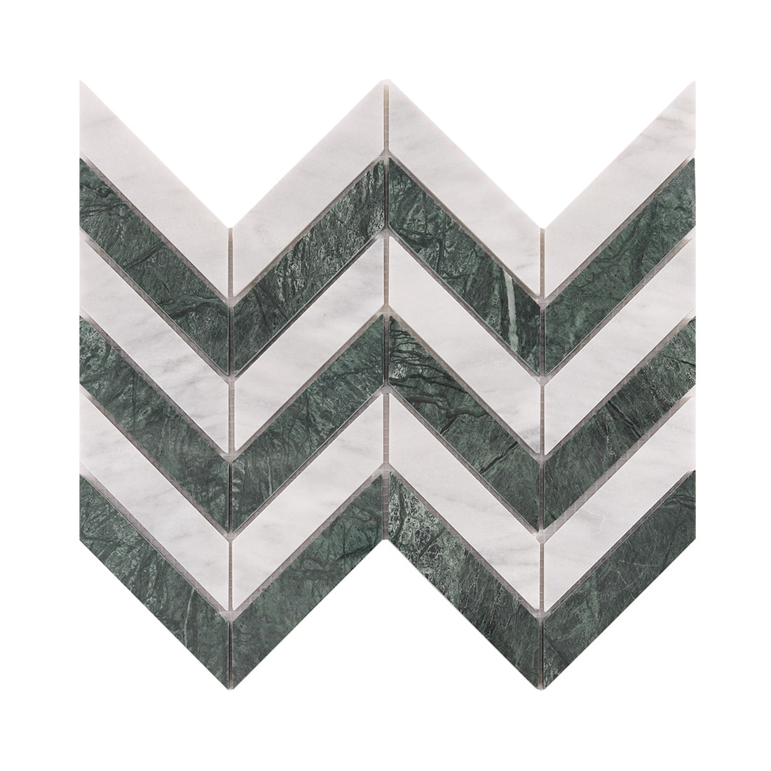 Front view of green and white chevron marble mosaic tile sheet
