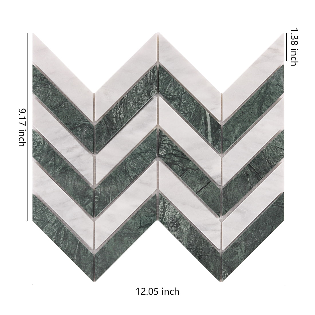 Green and white chevron marble mosaic tile sheet with size measurements