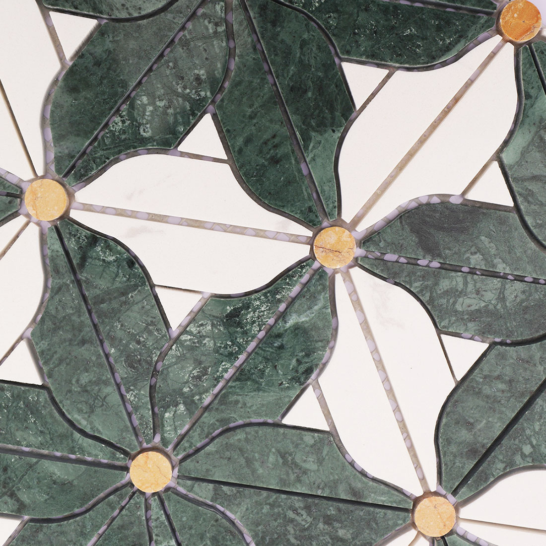 Detailed green and white floral marble mosaic pattern with yellow circular centers