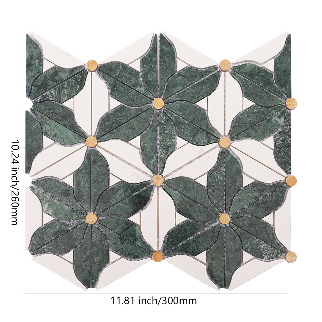 Green and white floral marble mosaic tile sheet with yellow stone accents