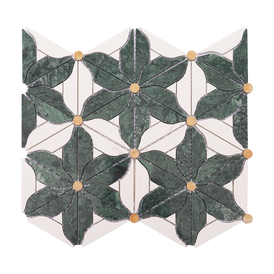 Green and white floral marble mosaic tile in a repeating botanical pattern
