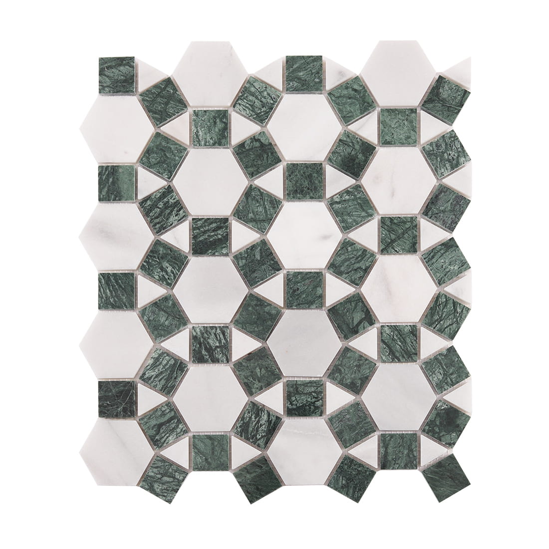 Front view of green and white hexagon star mosaic tile sheet