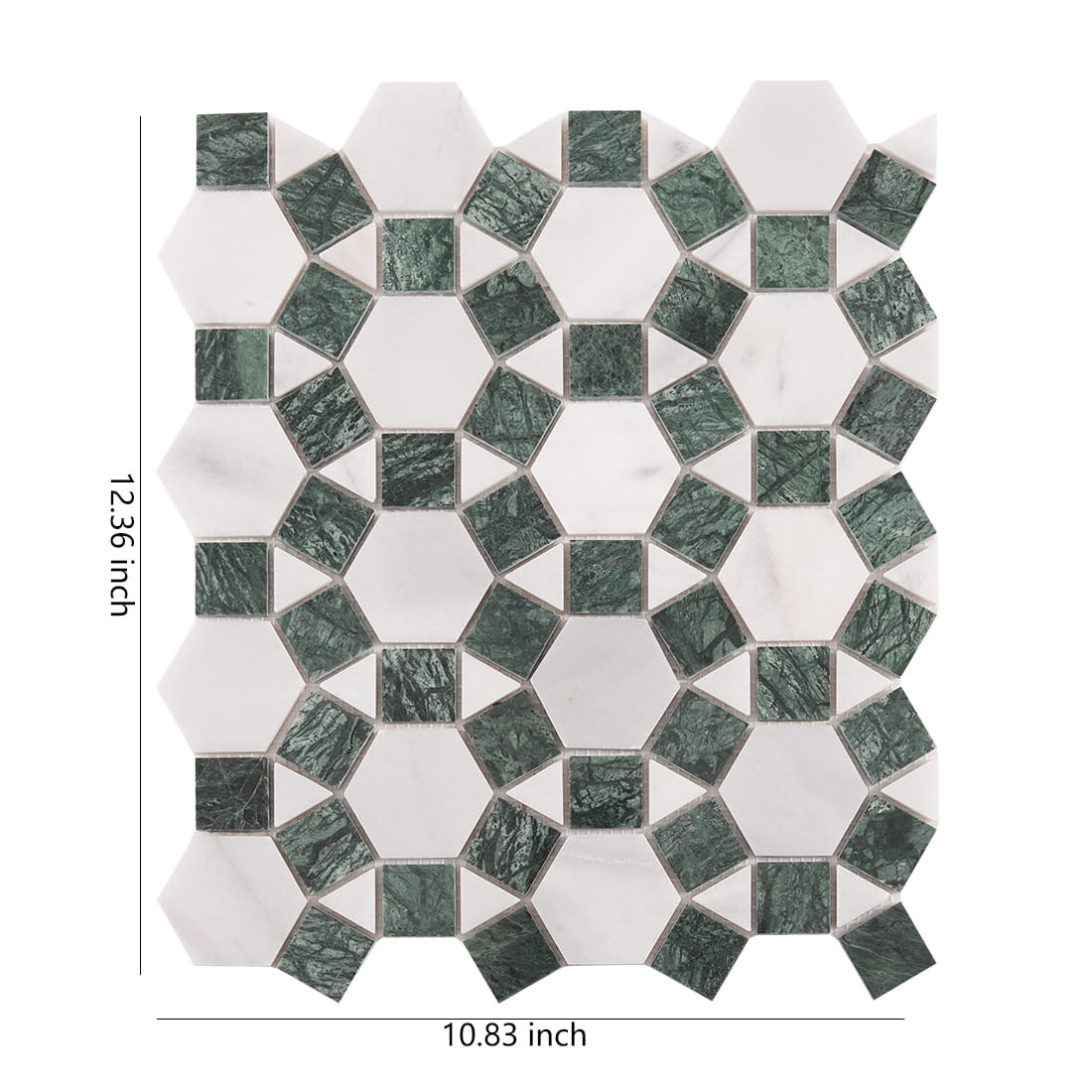 Green and white hexagon star mosaic tile sheet with dimensions