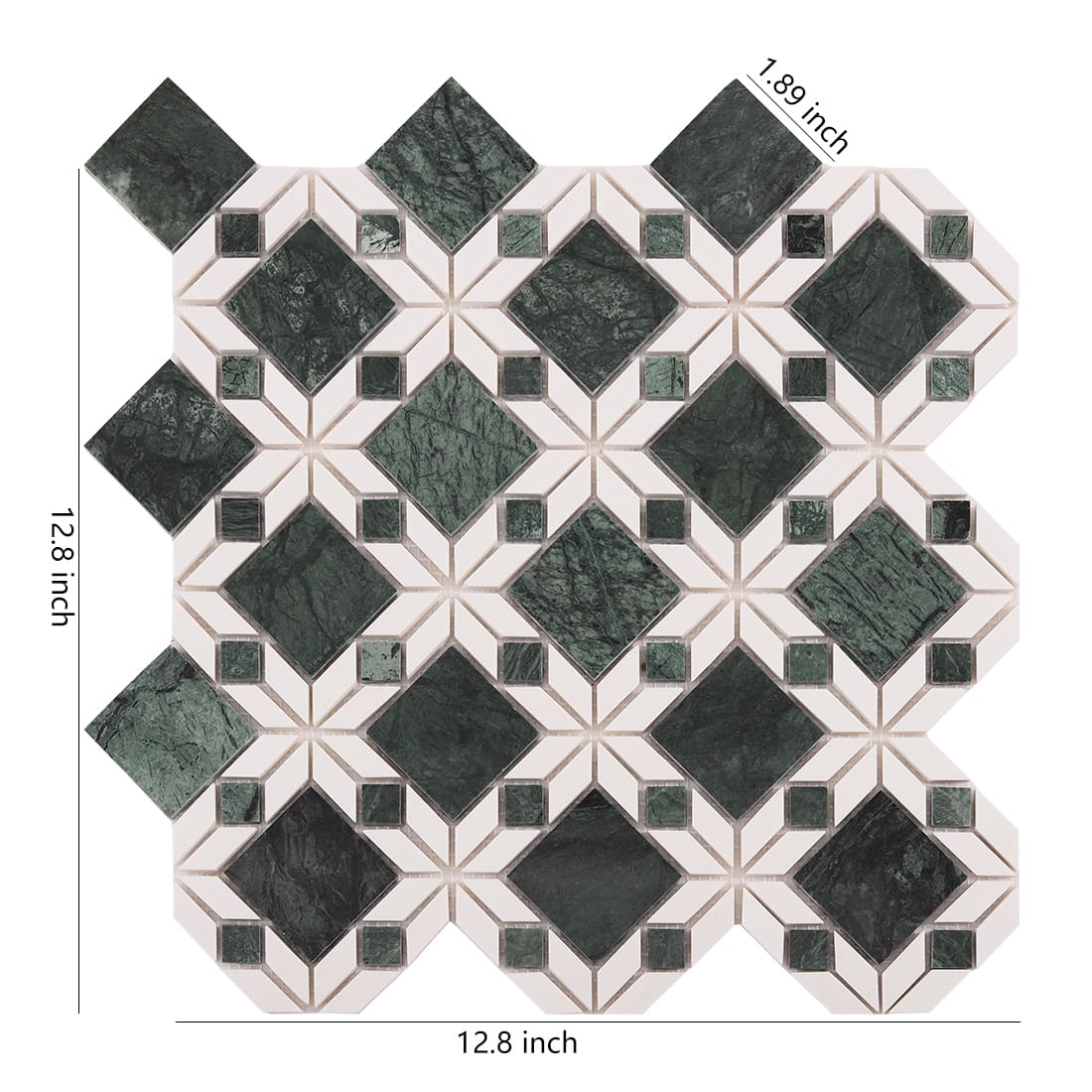 Green and white marble flower mosaic tile sheet with geometric pattern