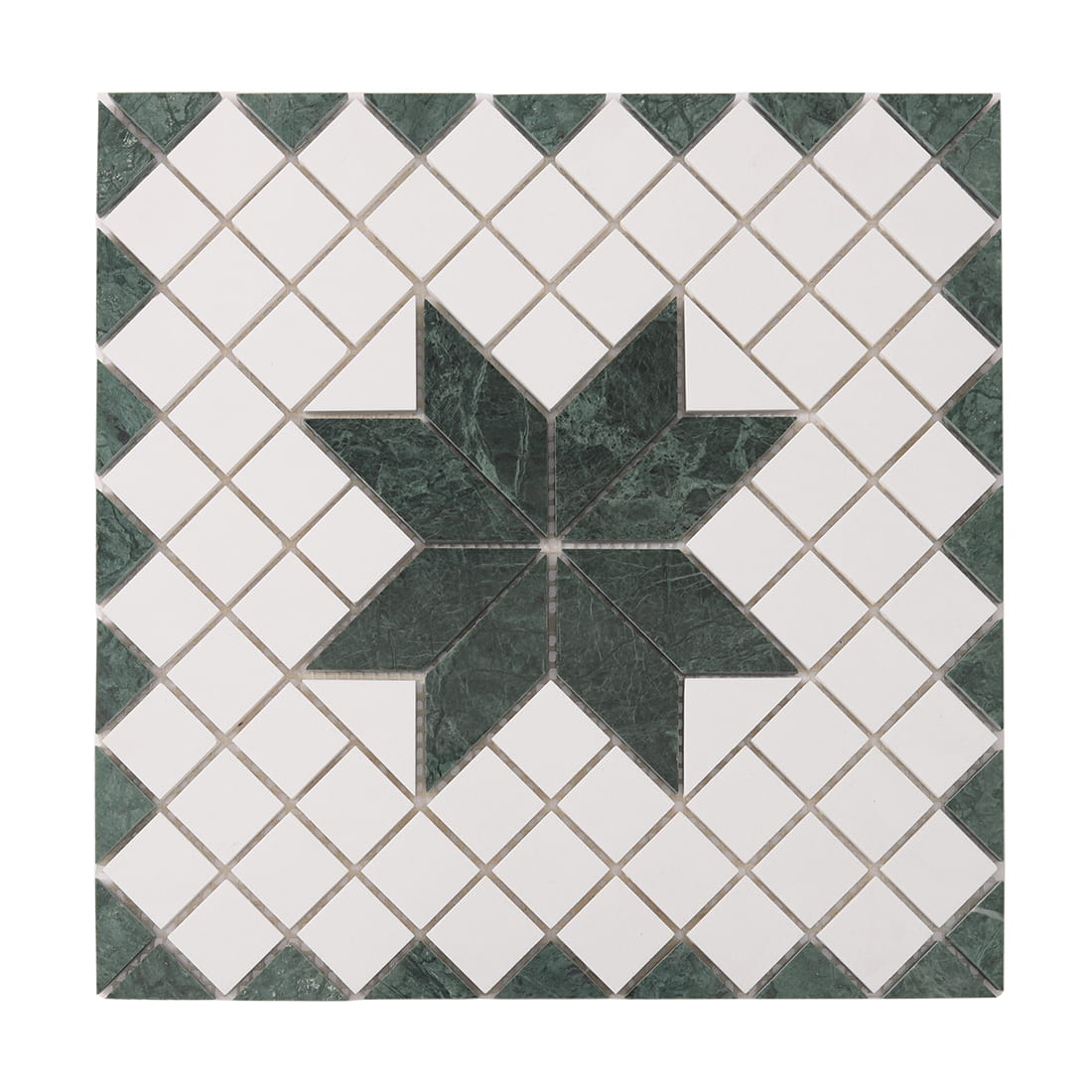 Full sheet view of green and white marble geometric mosaic tile
