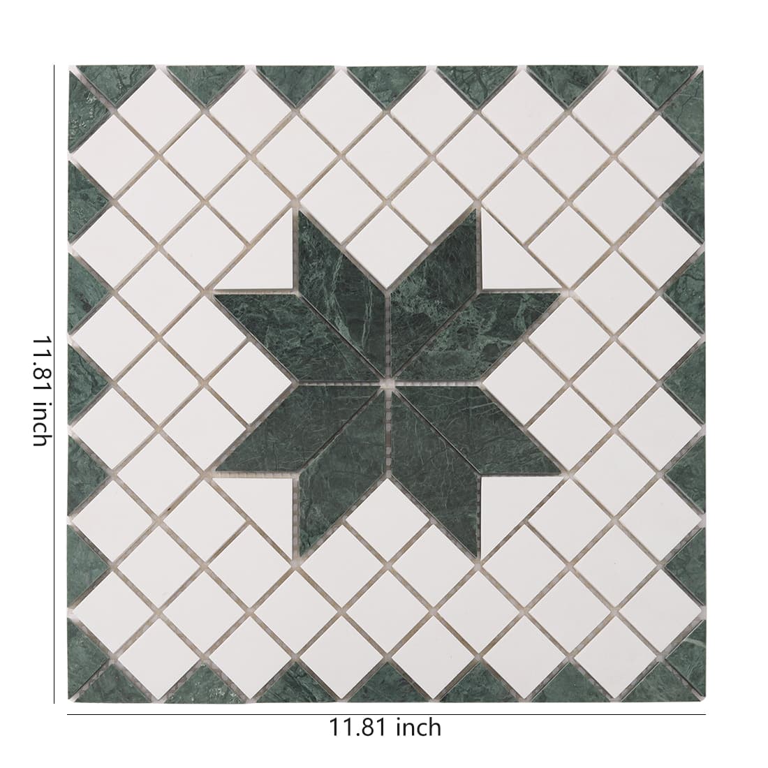 Green and white marble mosaic tile with star geometric pattern on mesh backing