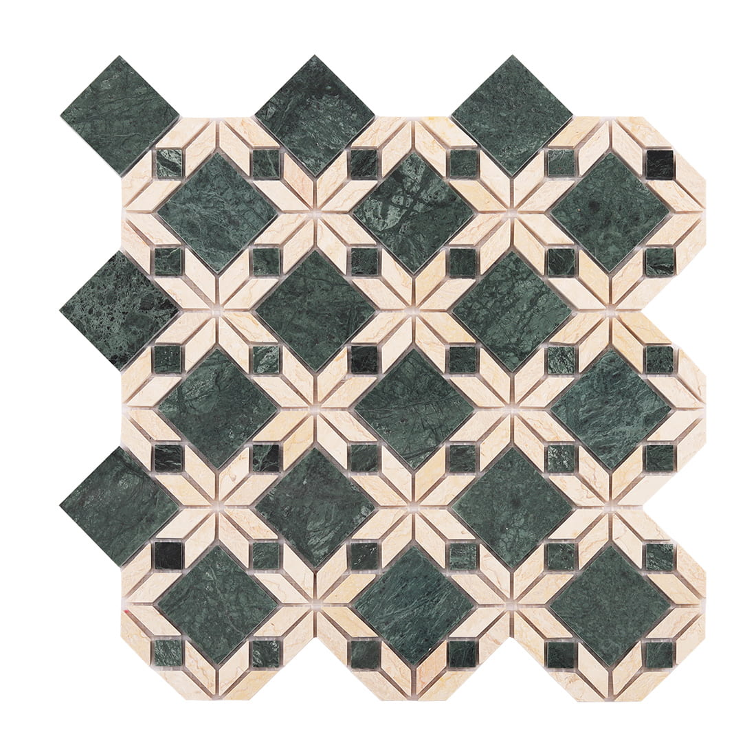 Full layout view of green and beige marble flower mosaic tile