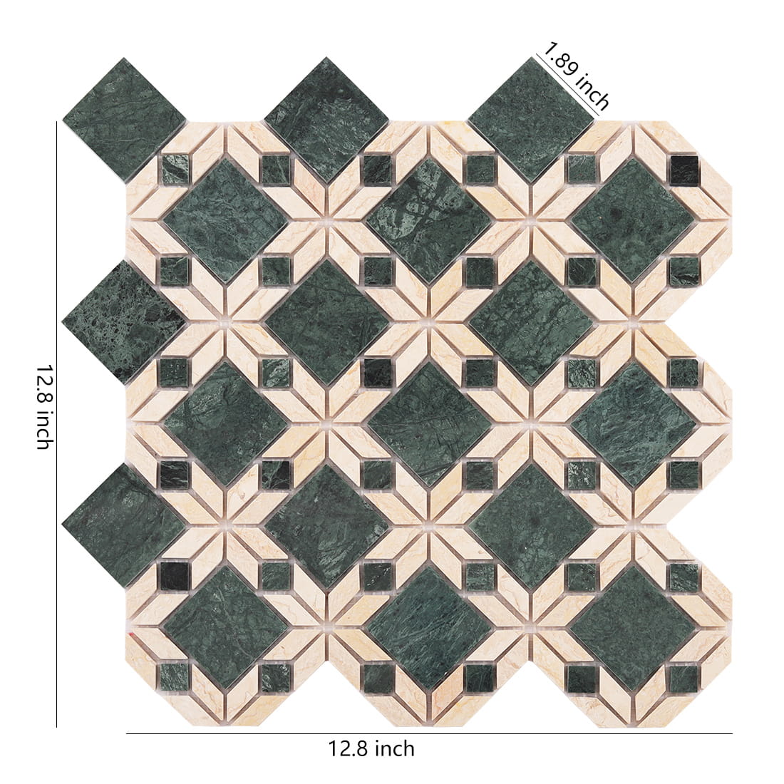 Green and beige marble flower mosaic tile sheet with geometric design