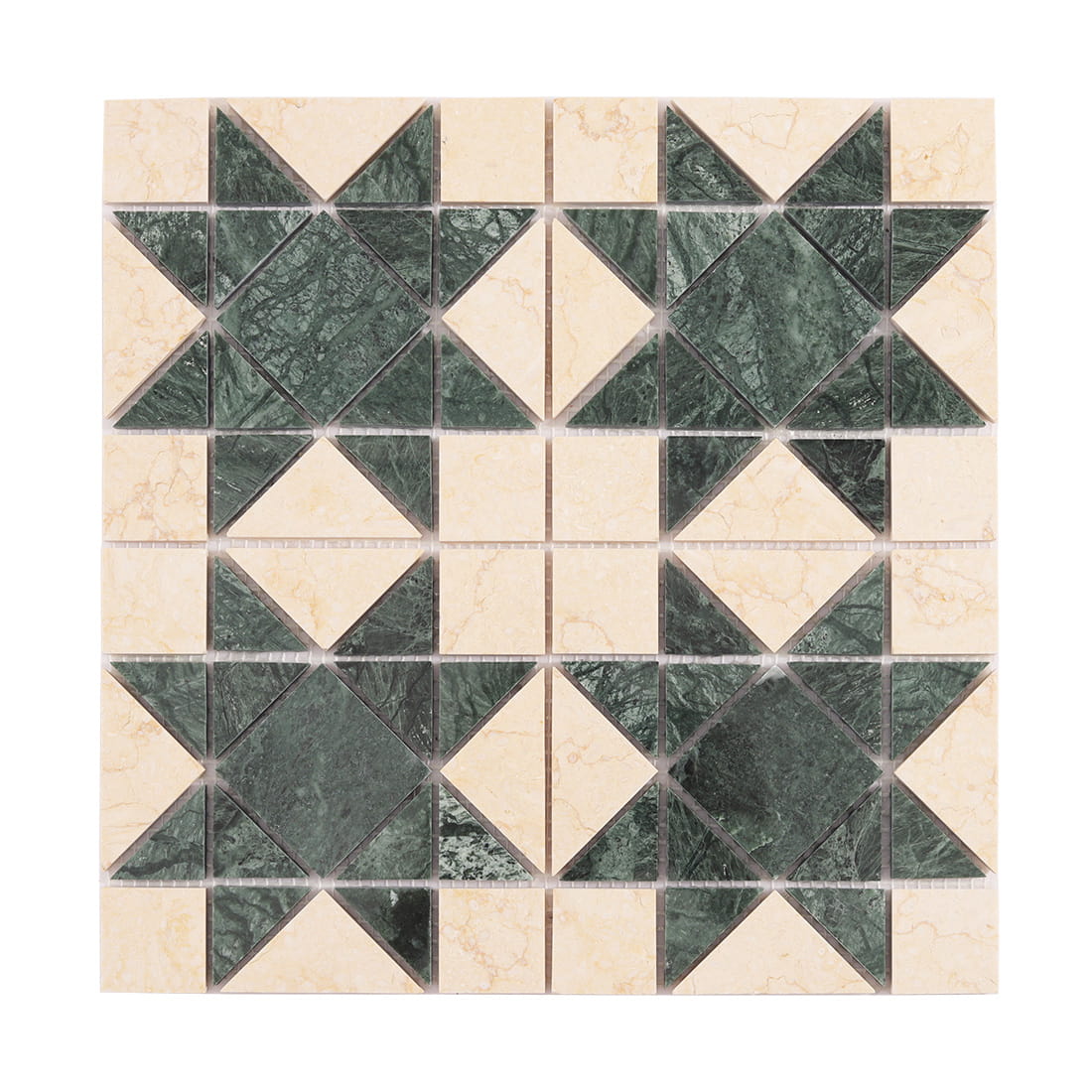 Front view of green and cream marble geometric mosaic tile sheet with triangle and square pattern