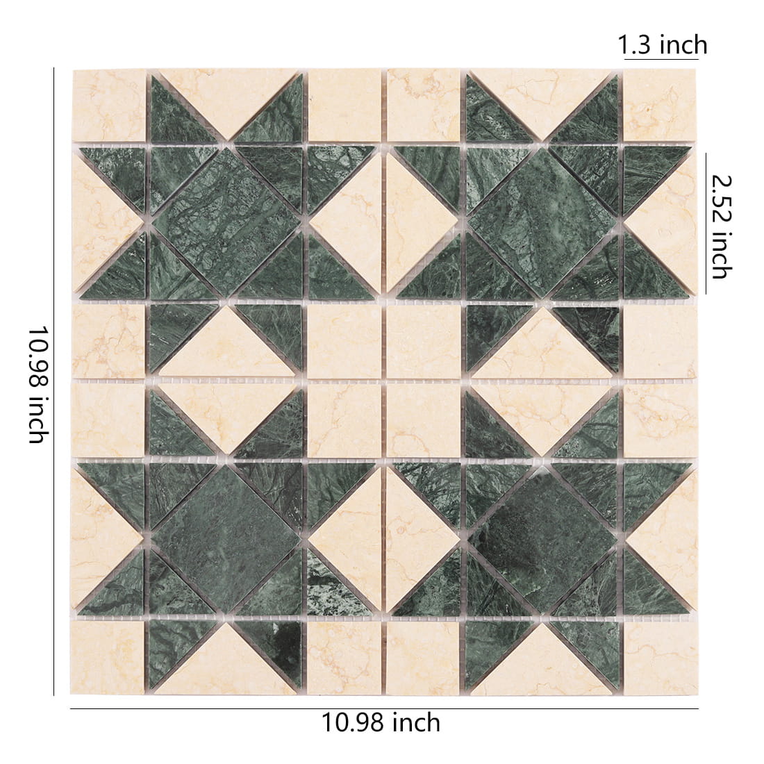 Green and cream marble geometric mosaic tile sheet with size measurements