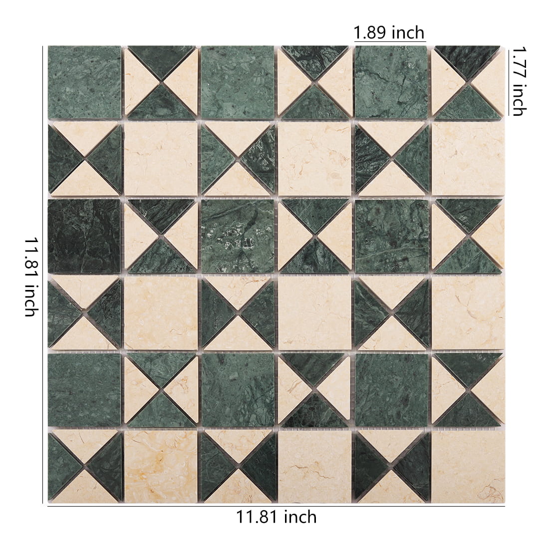 Green and beige geometric marble mosaic tile full sheet view