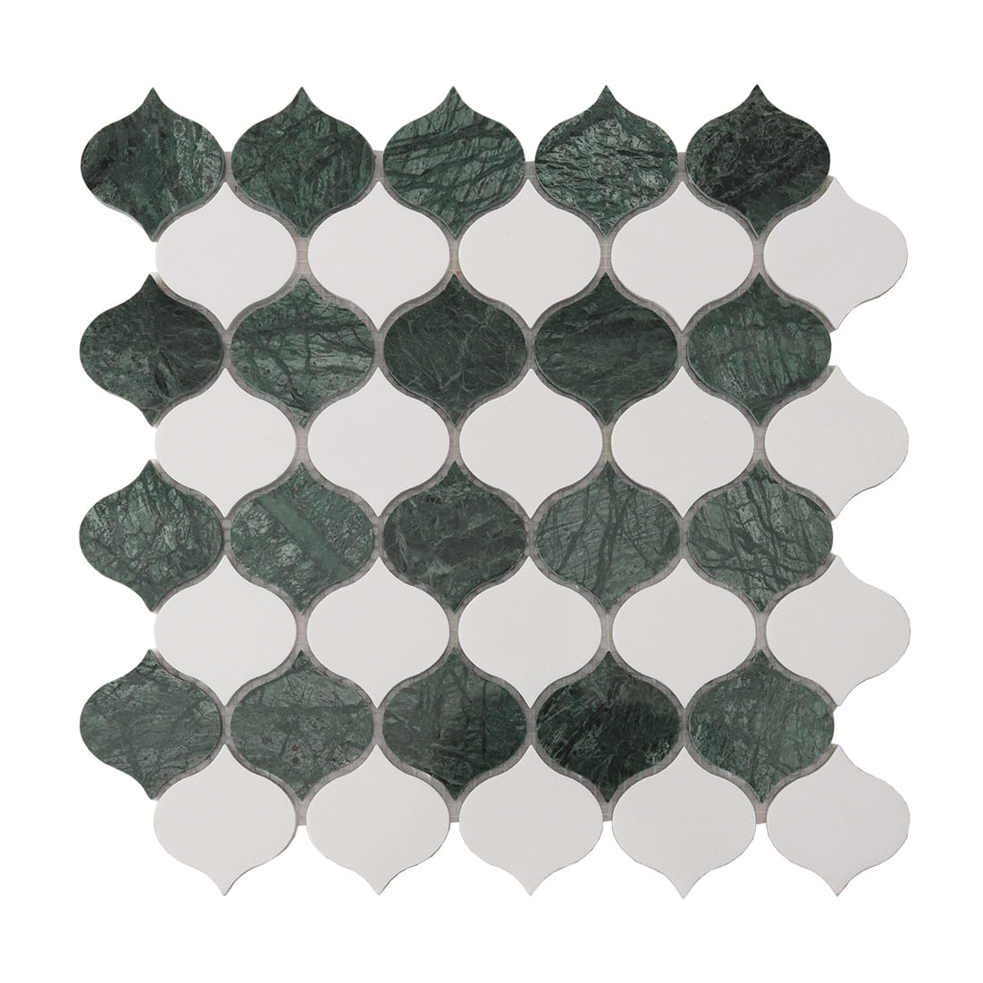 Full view of green and white arabesque marble mosaic sheet