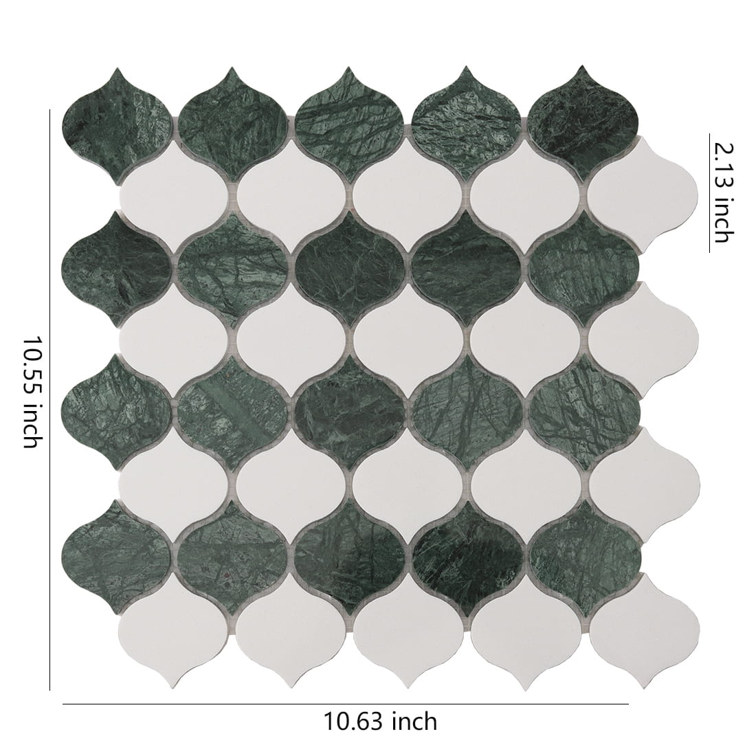Green and white arabesque marble mosaic sheet with measurement overlay