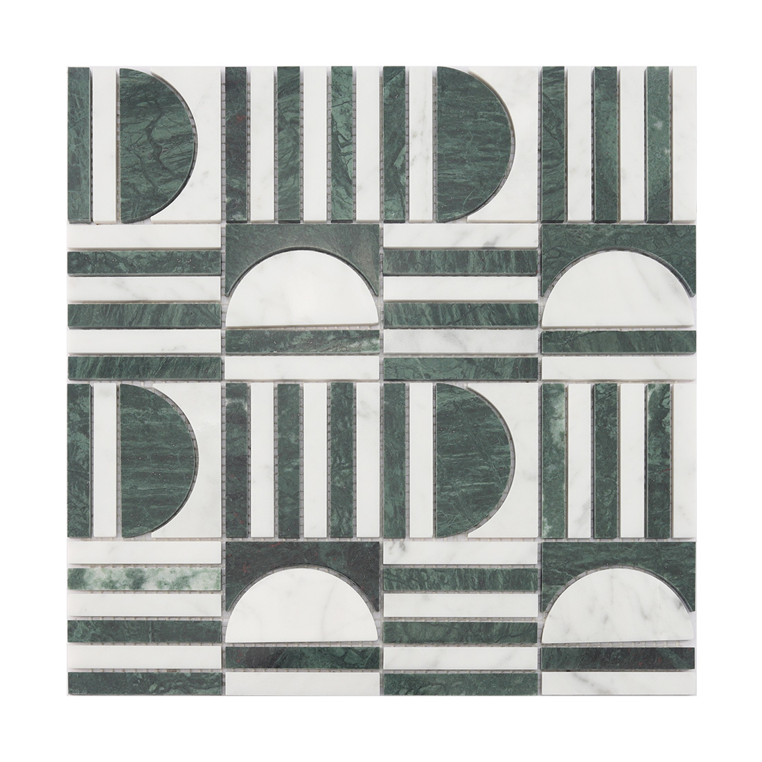 Front view of a green and white marble geometric mosaic tile.