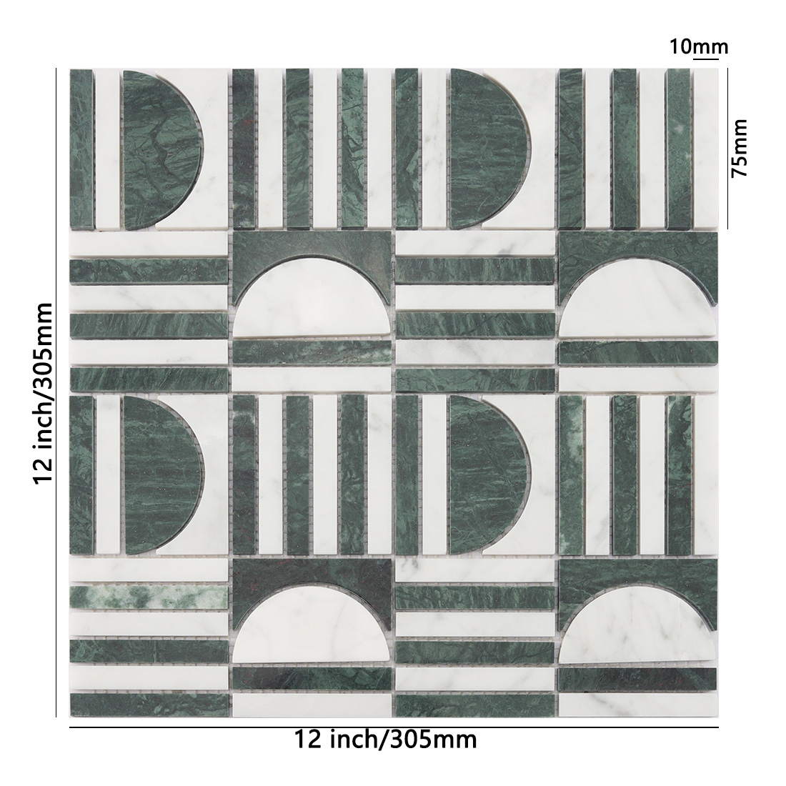 Green and white marble geometric mosaic tile sheet with dimensions.