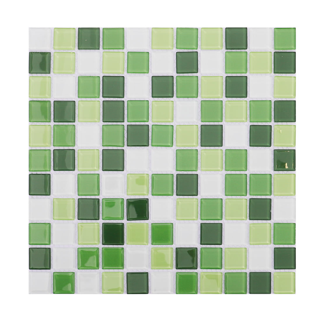 Full sheet of green and white square glass mosaic tile with glossy surfaces