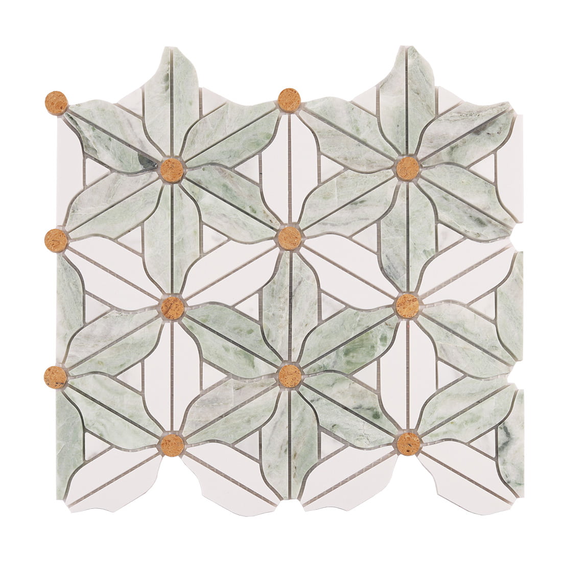 Front view of green and white windmill flower marble mosaic with round dot accents