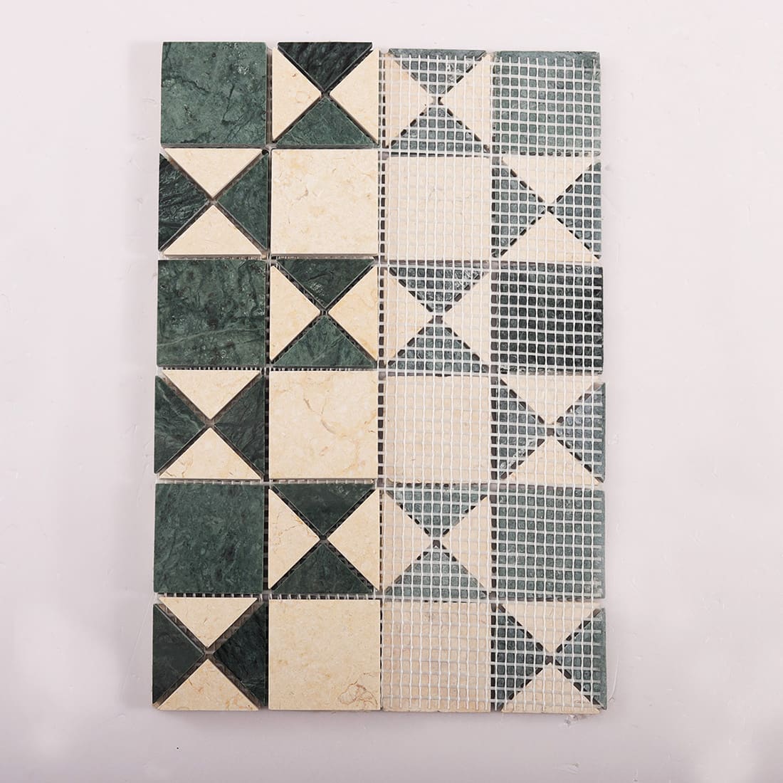 Green and beige geometric marble mosaic tile mesh backing view