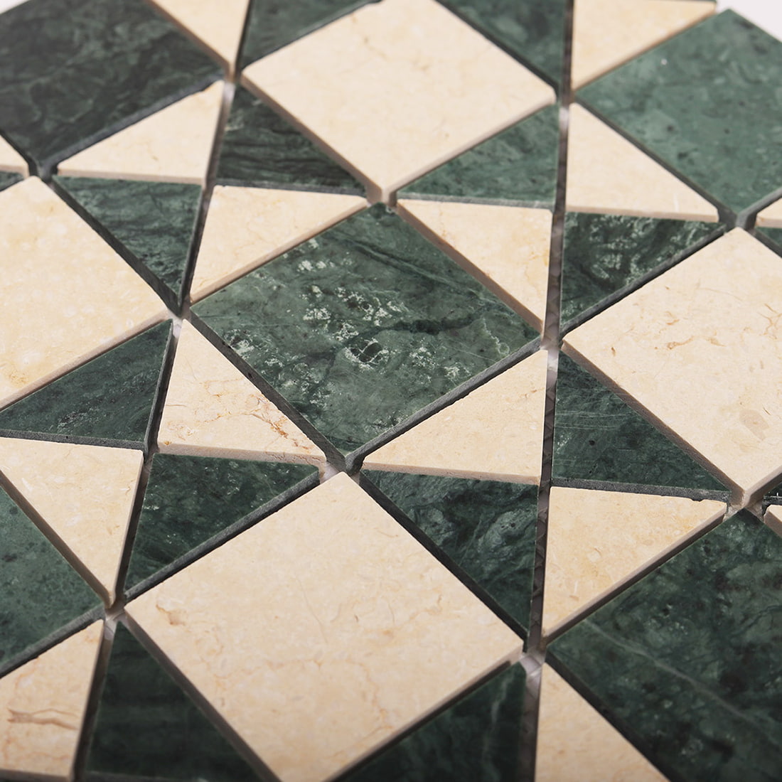 Green and beige marble geometric mosaic tile close up view
