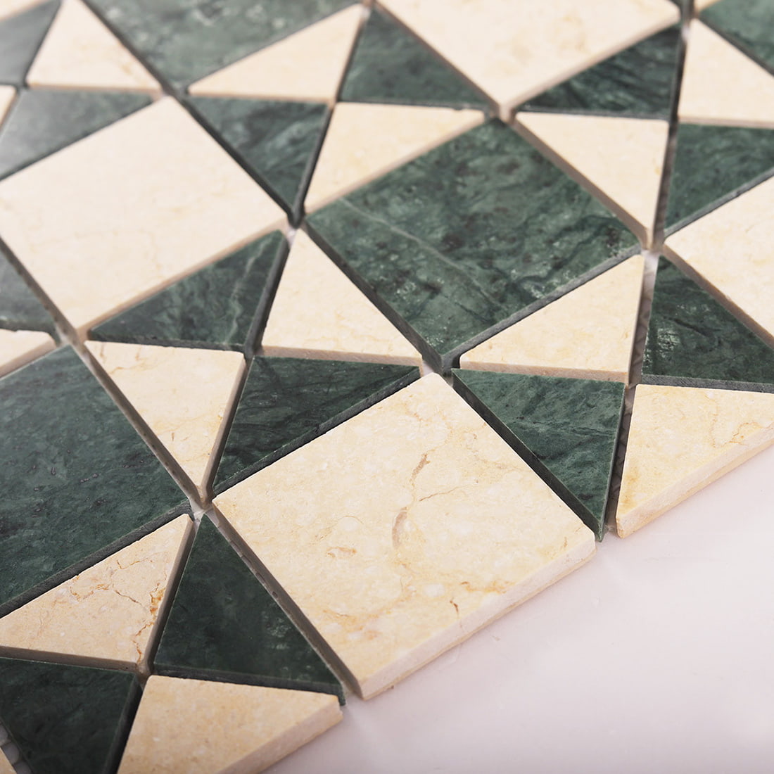 Green and beige marble mosaic tile thickness side view