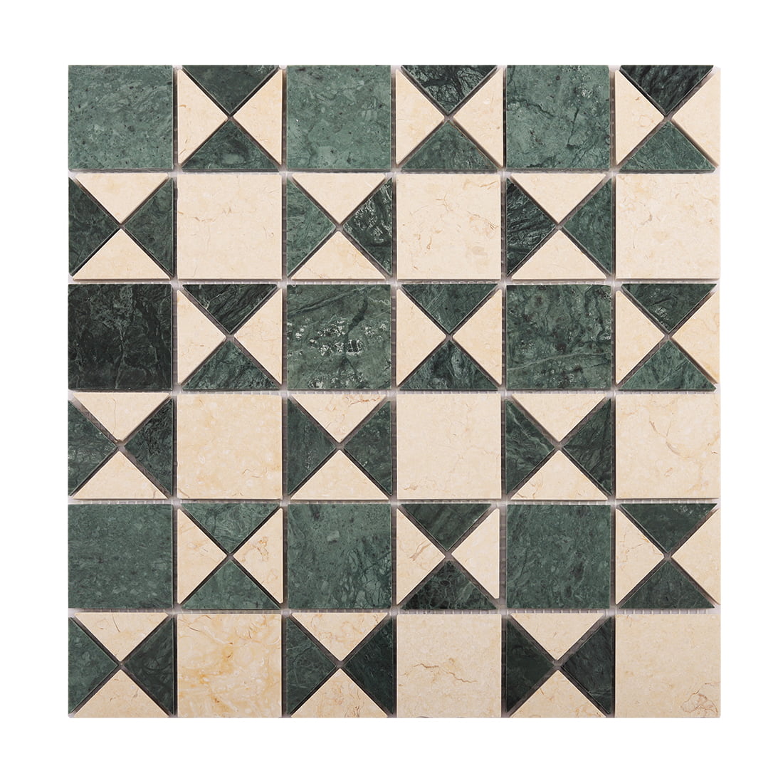 Green and beige square and triangle marble mosaic tile pattern