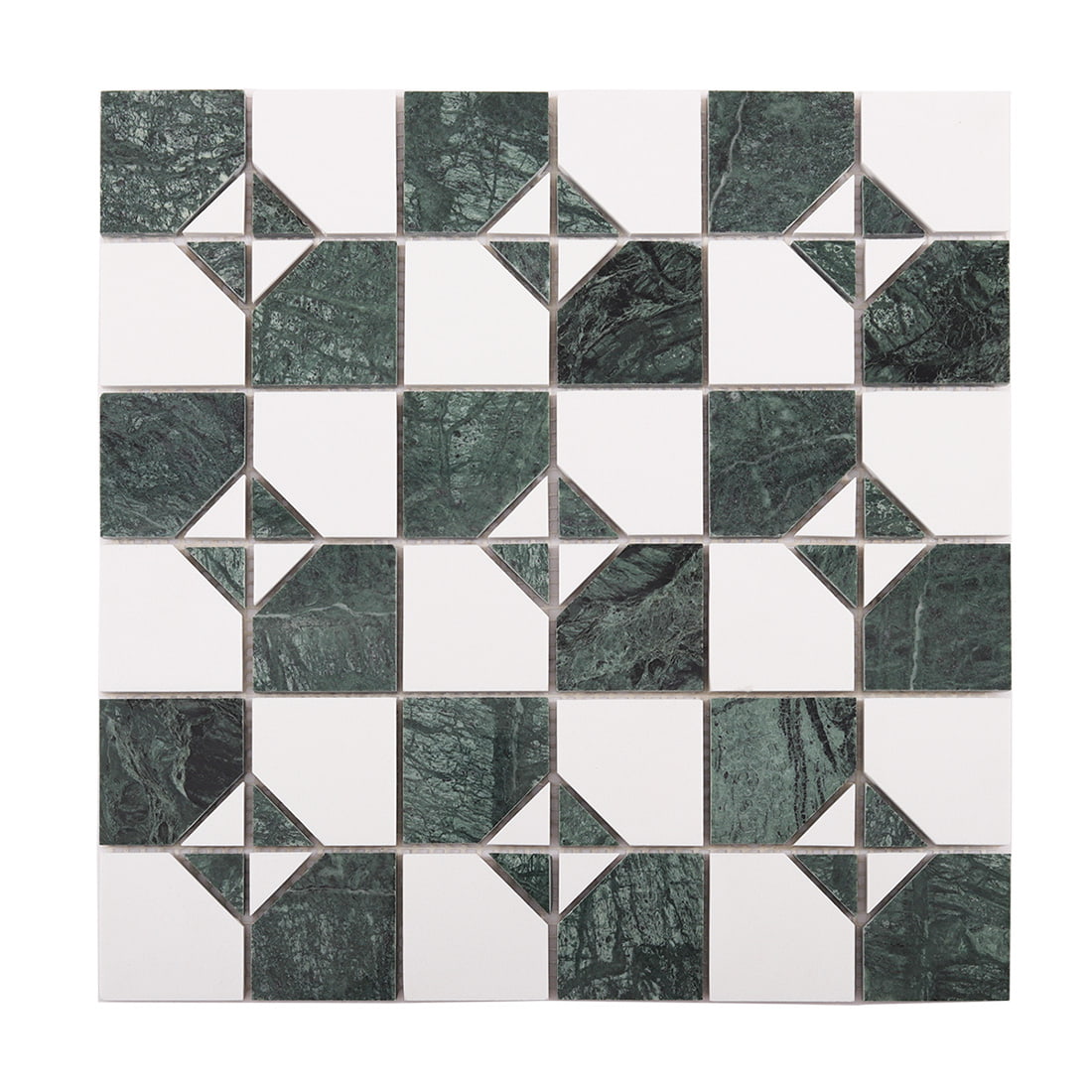 Front view of green marble and white square mosaic tile sheet on white background