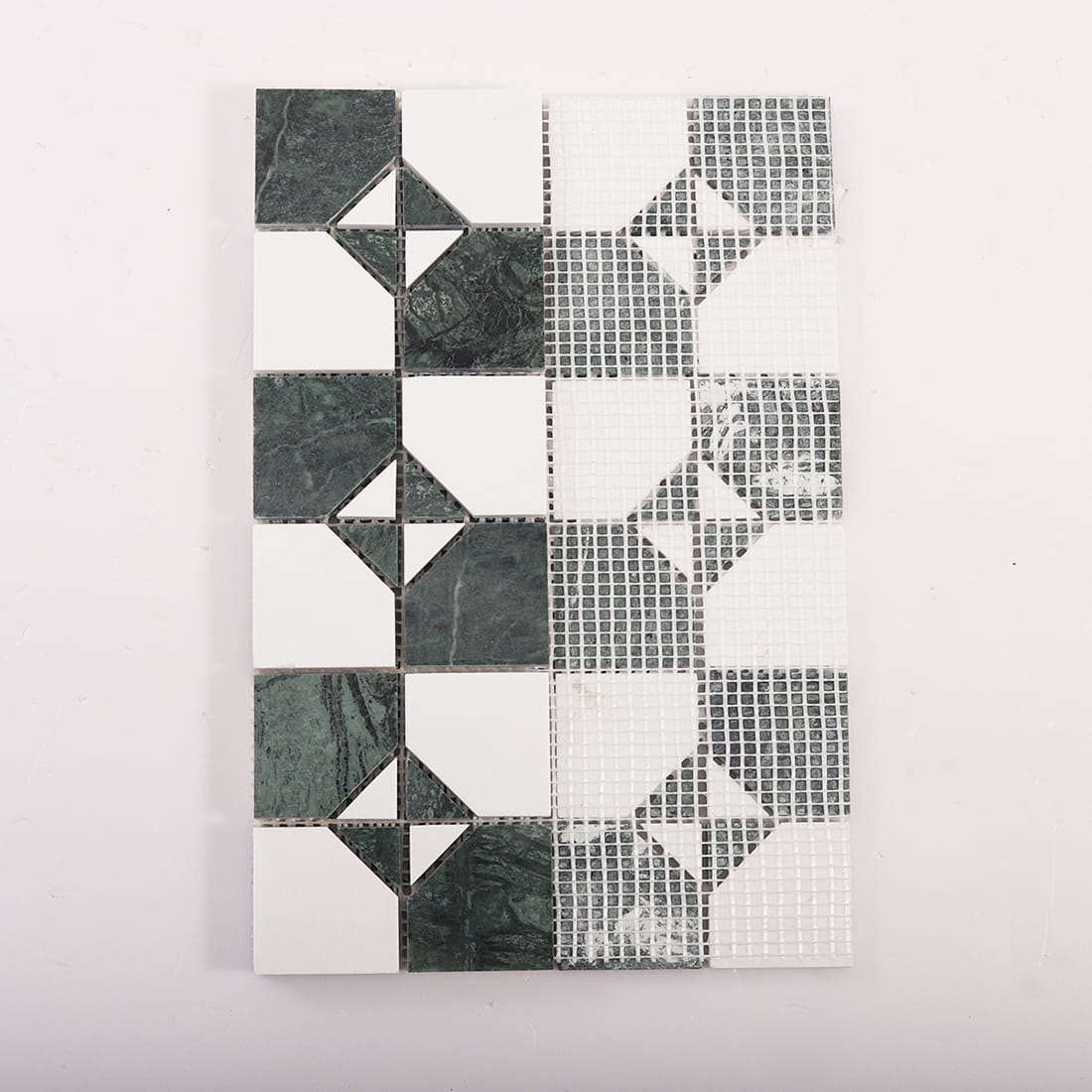 Mesh backing view of green marble and white square mosaic tile sheet with pattern preview