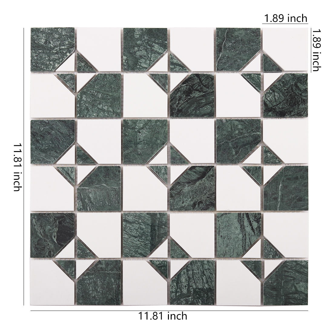 Green marble and white square mosaic tile sheet with size measurements