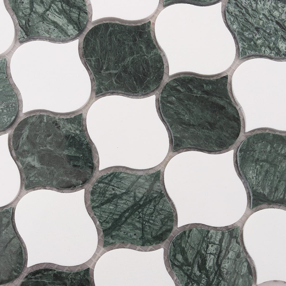 Top view close-up of green marble arabesque mosaic pattern