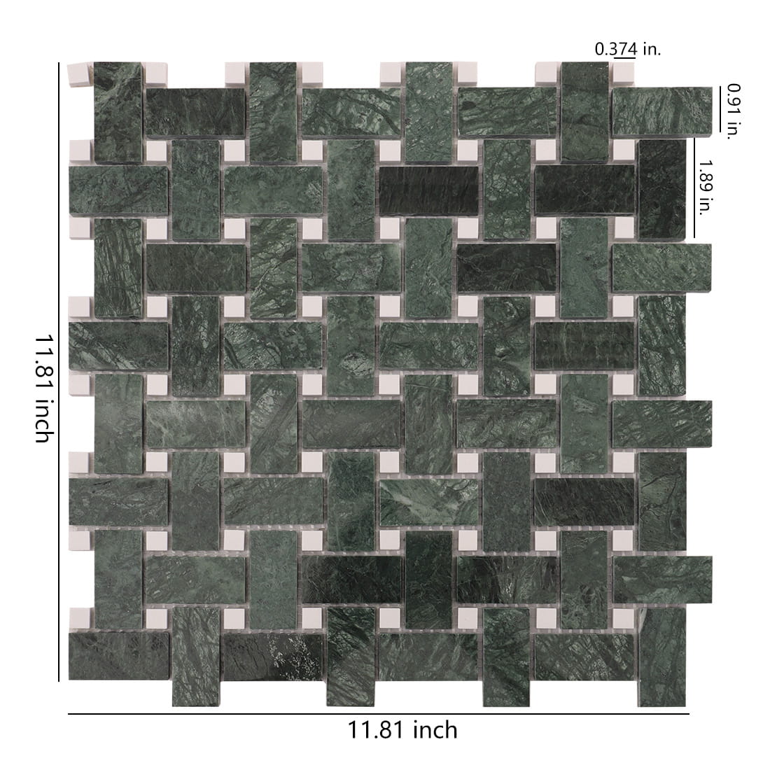 Green marble basketweave mosaic sheet with dimensions 11.81 x 11.81 in