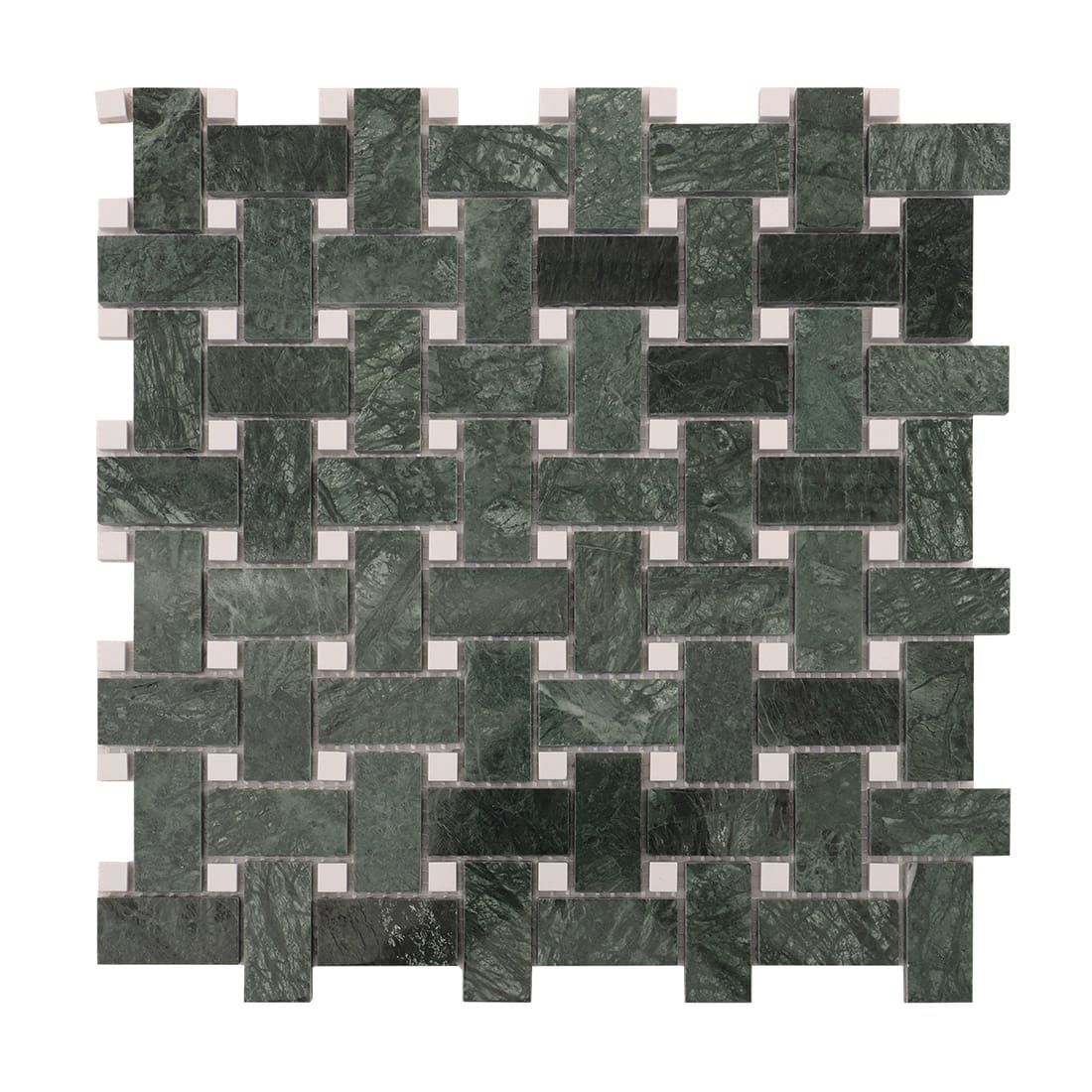 Front view of green marble basketweave mosaic tile sheet with white dot inserts